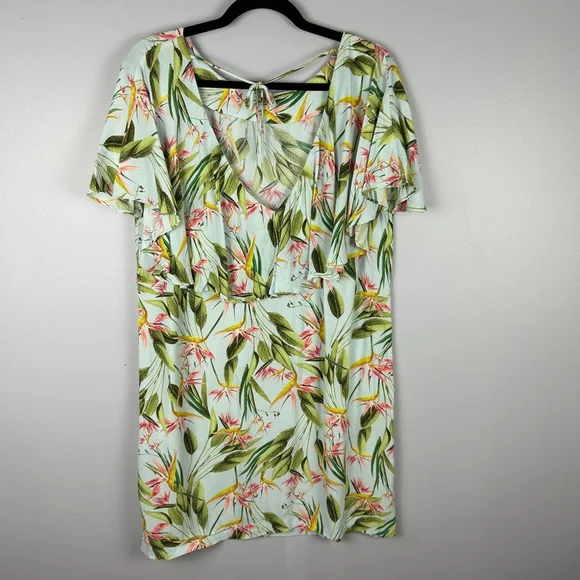 Zara Birds of Paradise Floral Open Back Dress Large Green Pink - Picture 12 of 16